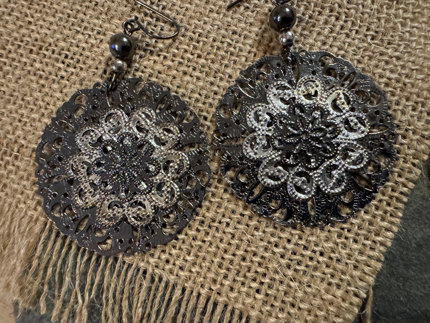 Bohemian Filigree Mandala Dangle Earrings Black & Silver Contrast