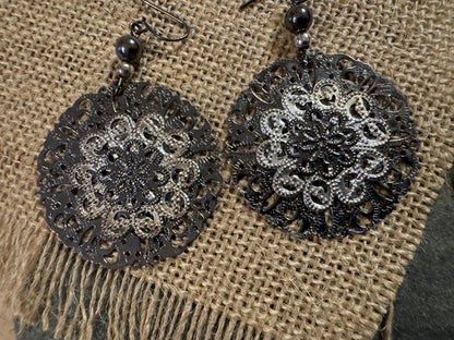 Bohemian Filigree Mandala Dangle Earrings Black & Silver Contrast