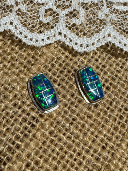 Vintage Marked Sterling Silver Opal Inlay Post Earrings