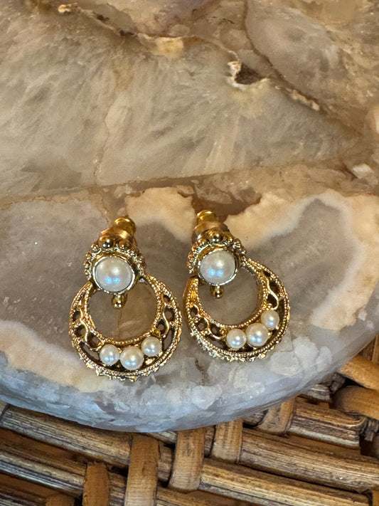1928 Gold-Tone Door Knocker Stud Earrings with Faux Pearl Accents, Vintage Revival Style