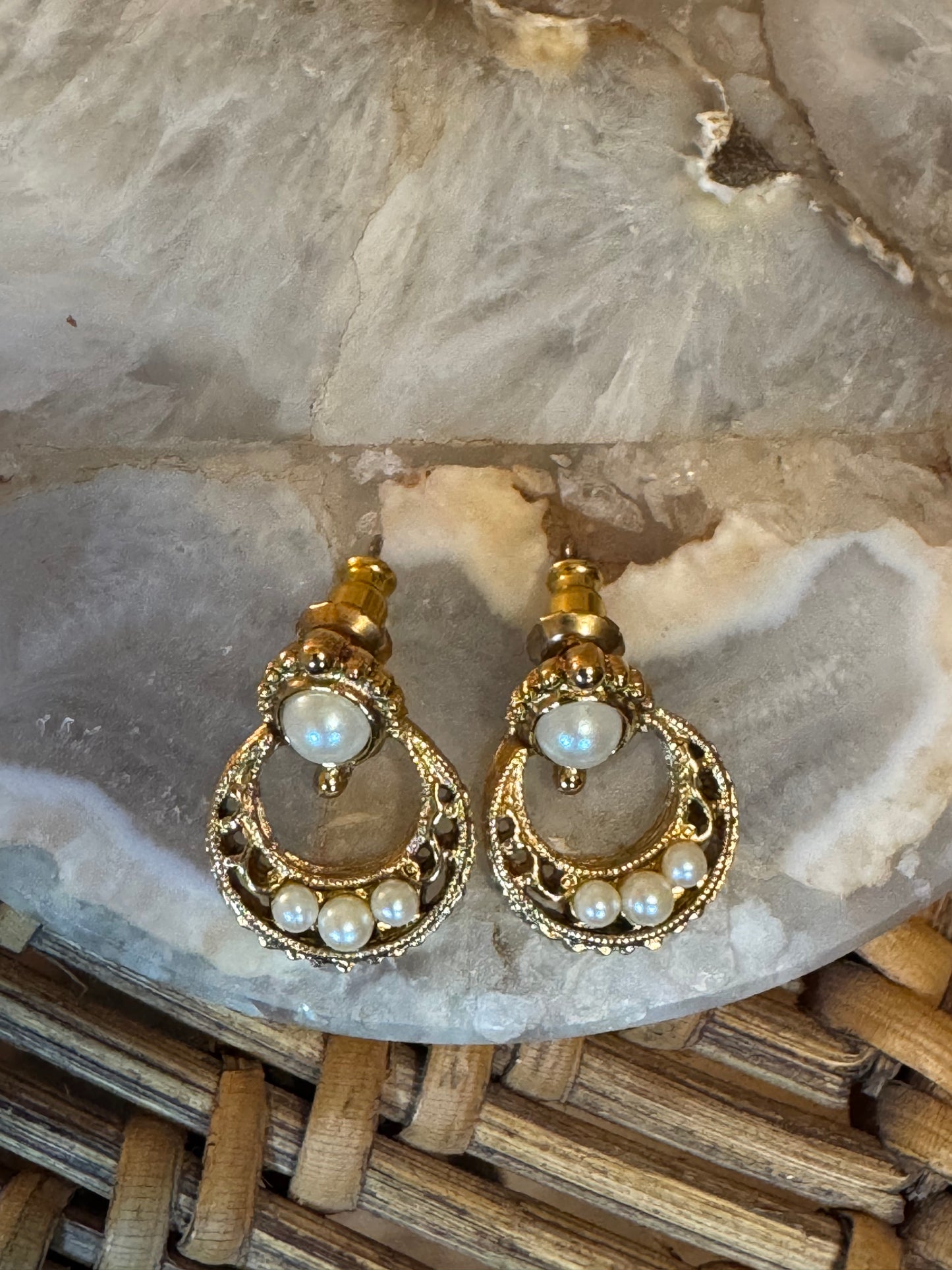 1928 Gold-Tone Door Knocker Stud Earrings with Faux Pearl Accents, Vintage Revival Style