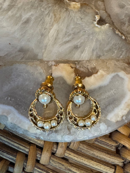 1928 Gold-Tone Door Knocker Stud Earrings with Faux Pearl Accents, Vintage Revival Style