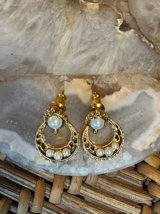 1928 Gold-Tone Door Knocker Stud Earrings with Faux Pearl Accents, Vintage Revival Style