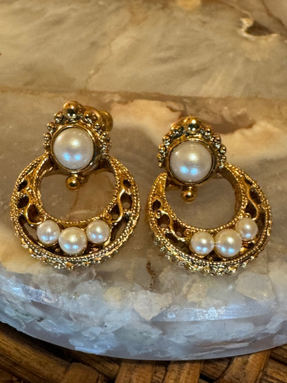 1928 Gold-Tone Door Knocker Stud Earrings with Faux Pearl Accents, Vintage Revival Style