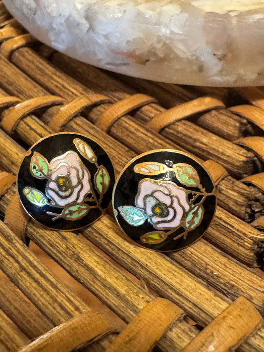 Vintage Cloisonné Enamel Floral Earrings in Pink, Green, and White on Black