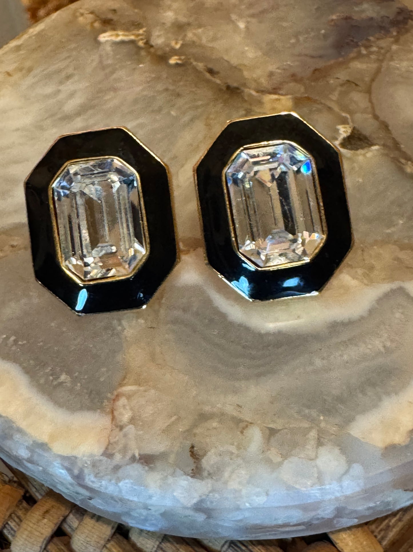 Signed Trifari Vintage Octagonal Crystal Stud Earrings with Black Enamel Frame, Gold-Tone Mid-Century Glamour