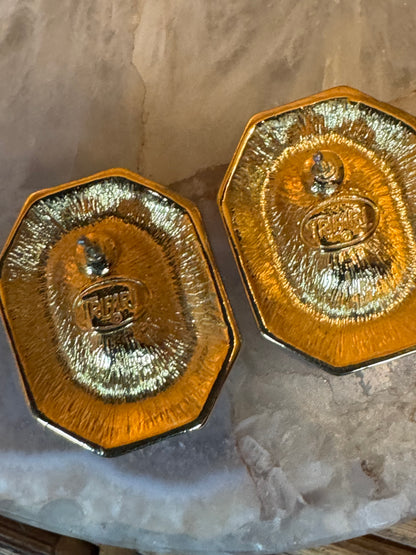 Signed Trifari Vintage Octagonal Crystal Stud Earrings with Black Enamel Frame, Gold-Tone Mid-Century Glamour