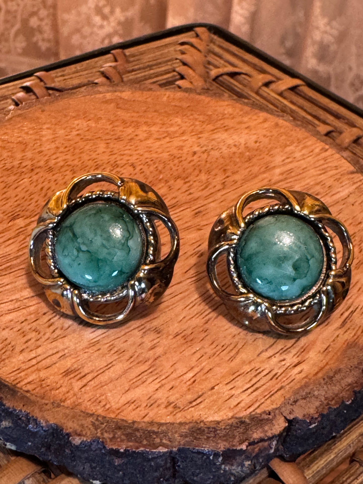 Vintage Gold-Tone Filigree Button Earrings with Mottled Green Cabochons, Classic Mid-Century Style
