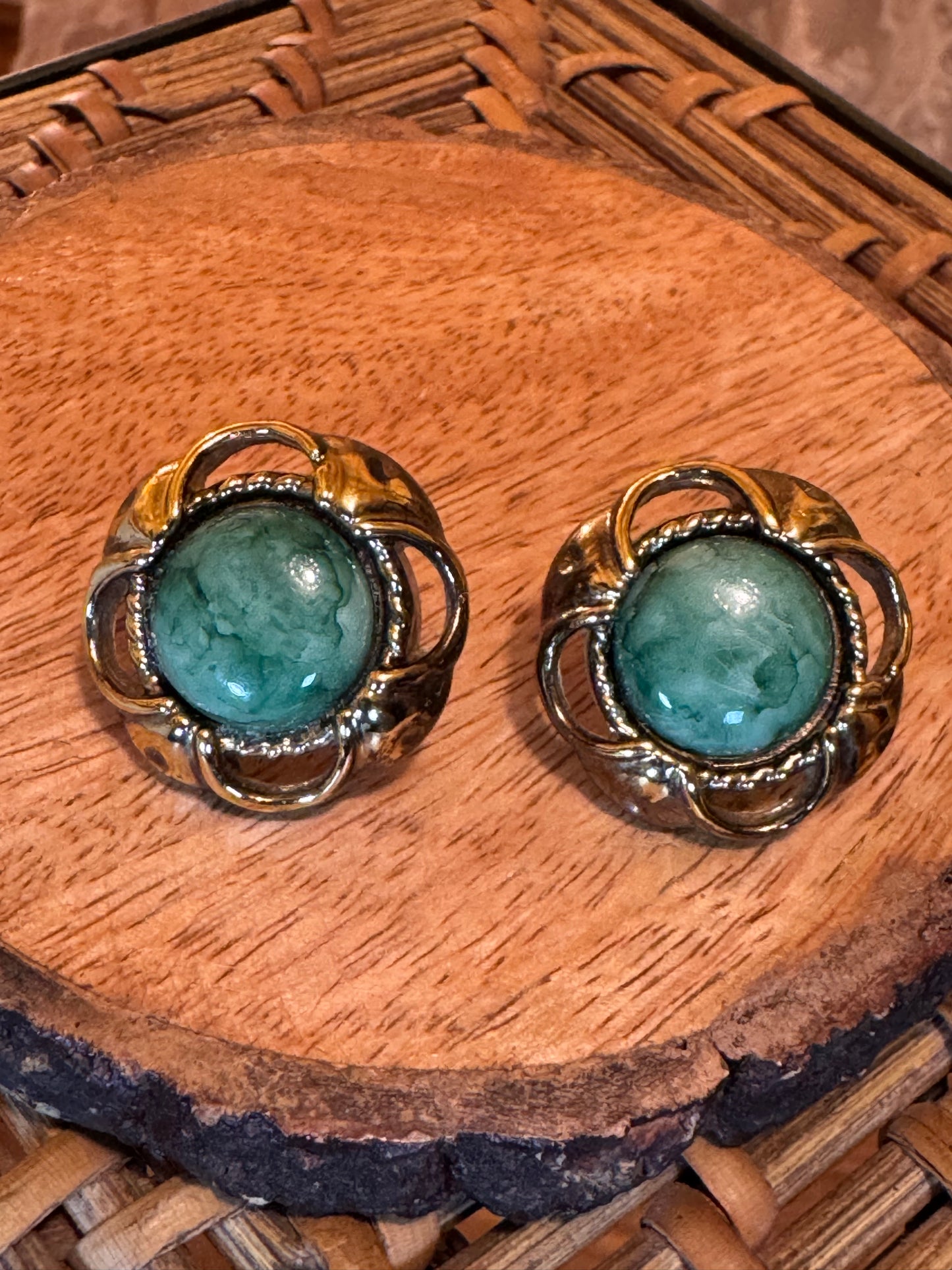 Vintage Gold-Tone Filigree Button Earrings with Mottled Green Cabochons, Classic Mid-Century Style