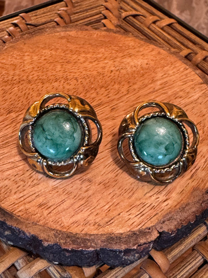 Vintage Gold-Tone Filigree Button Earrings with Mottled Green Cabochons, Classic Mid-Century Style