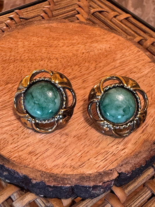 Vintage Gold-Tone Filigree Button Earrings with Mottled Green Cabochons, Classic Mid-Century Style