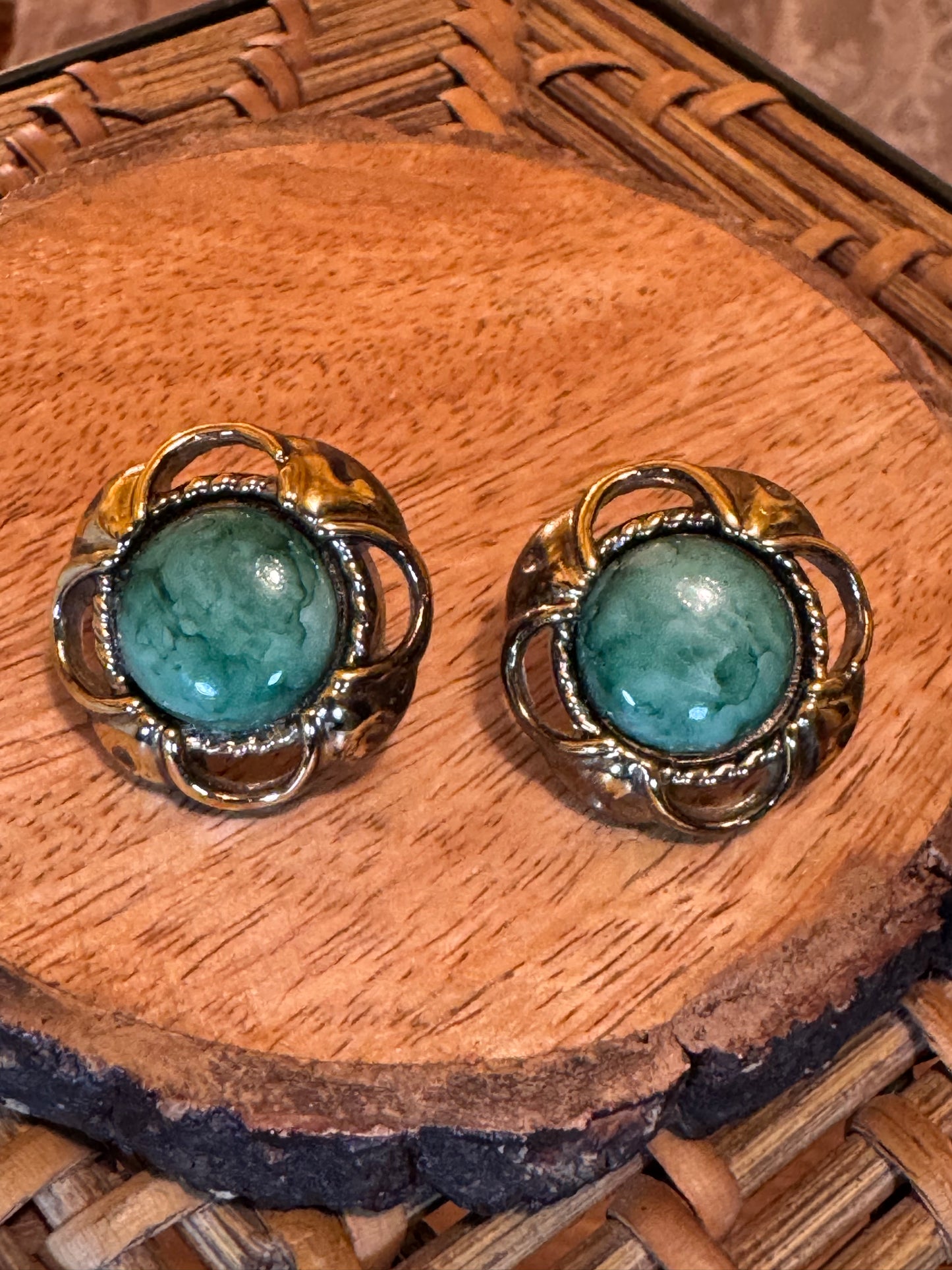 Vintage Gold-Tone Filigree Button Earrings with Mottled Green Cabochons, Classic Mid-Century Style