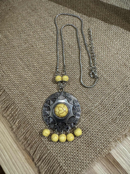 J.Crew Yellow Medallion Stone Silver Chain Tribal Bead Chandelier Necklace – Boho Vintage-Inspired