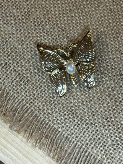 Vintage Butterfly Brooch – Gold Tone with Faux Pearl | Signed “SFJ” (1.5”) - Rare Find!