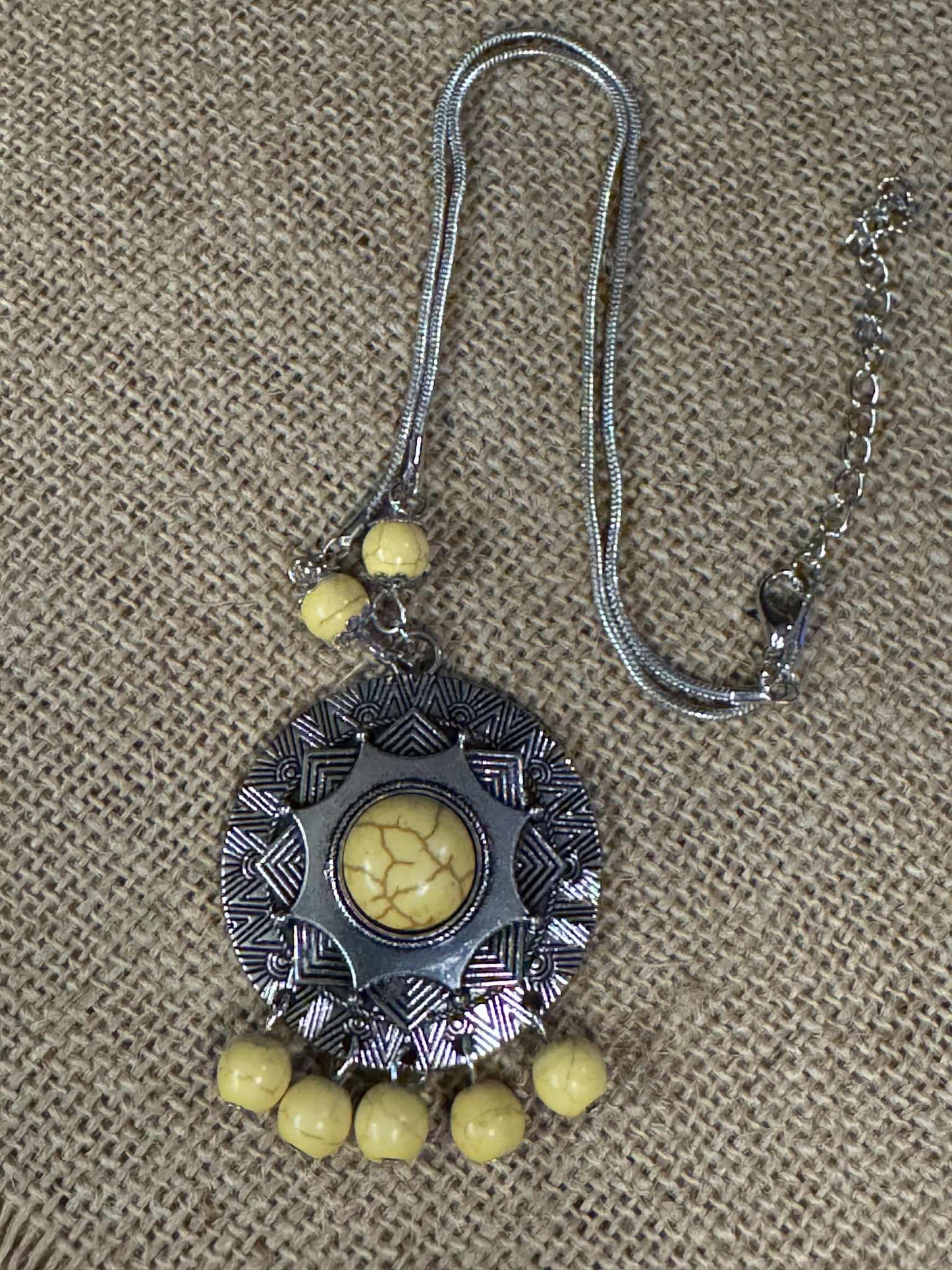 J.Crew Yellow Medallion Stone Silver Chain Tribal Bead Chandelier Necklace – Boho Vintage-Inspired