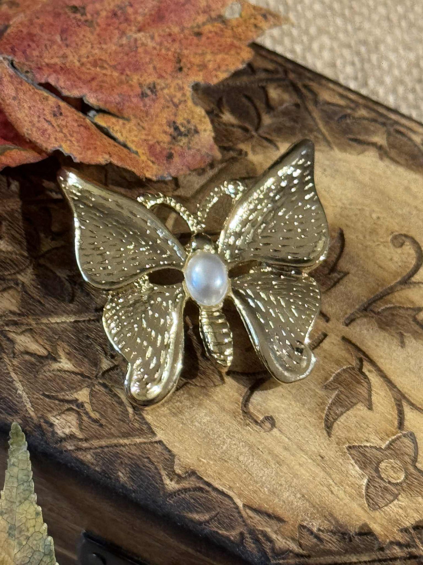Vintage Butterfly Brooch – Gold Tone with Faux Pearl | Signed “SFJ” (1.5”) - Rare Find!