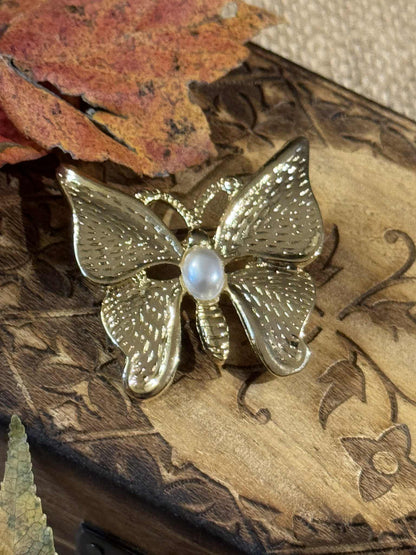 Vintage Butterfly Brooch – Gold Tone with Faux Pearl | Signed “SFJ” (1.5”) - Rare Find!