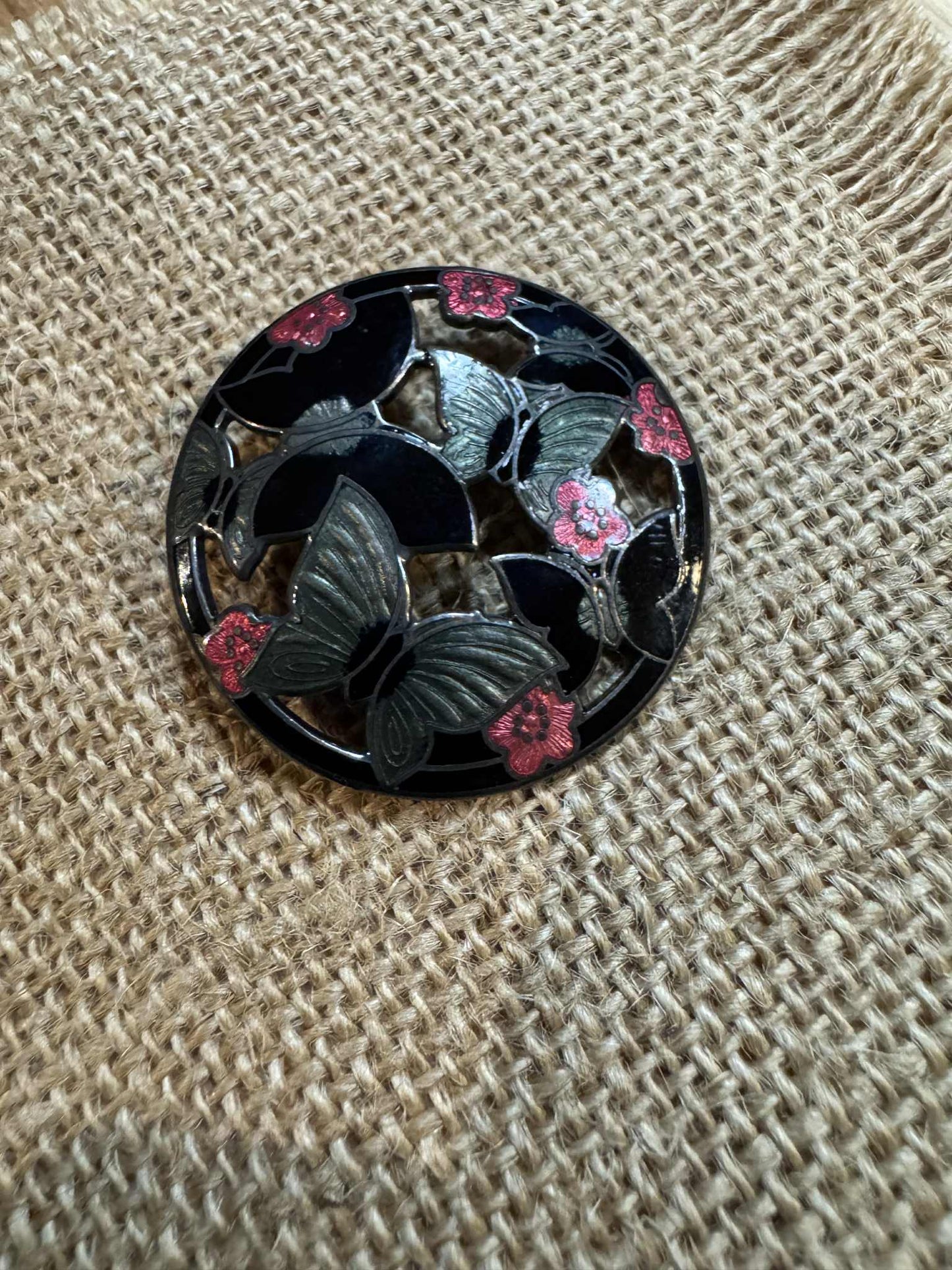 Vintage Butterfly & Floral Enamel Cloisonné Brooch