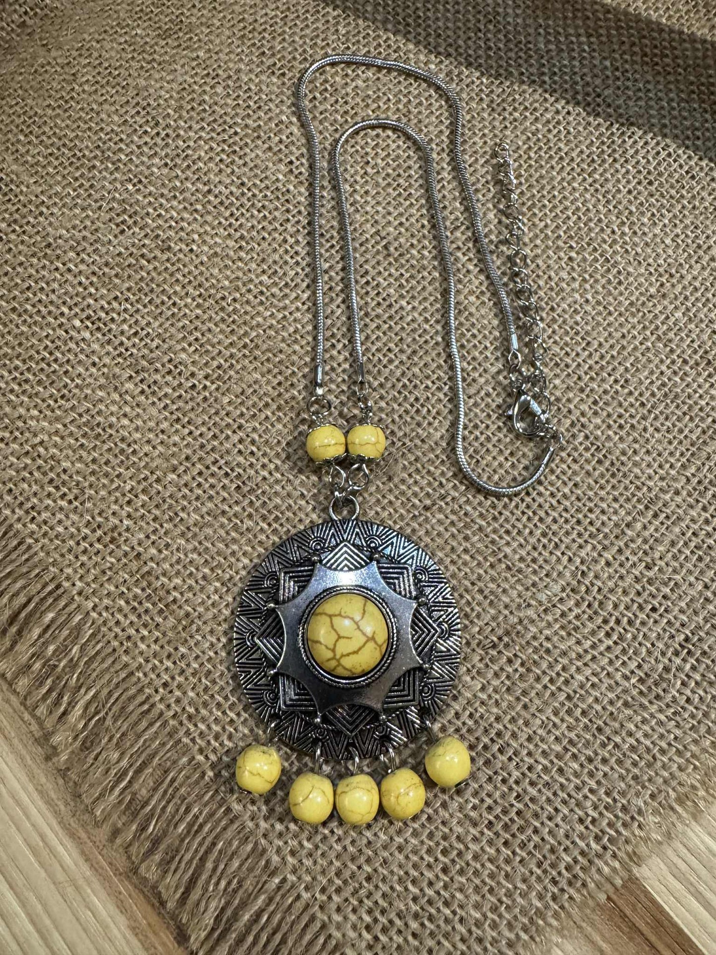 J.Crew Yellow Medallion Stone Silver Chain Tribal Bead Chandelier Necklace – Boho Vintage-Inspired